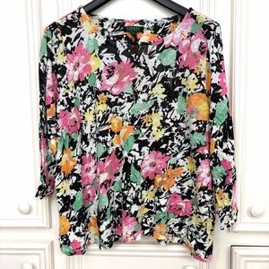 LRL Lauren Ralph Lauren 100% Linen Long Sleeve Knit Plus Size 3XL Floral Top EUC